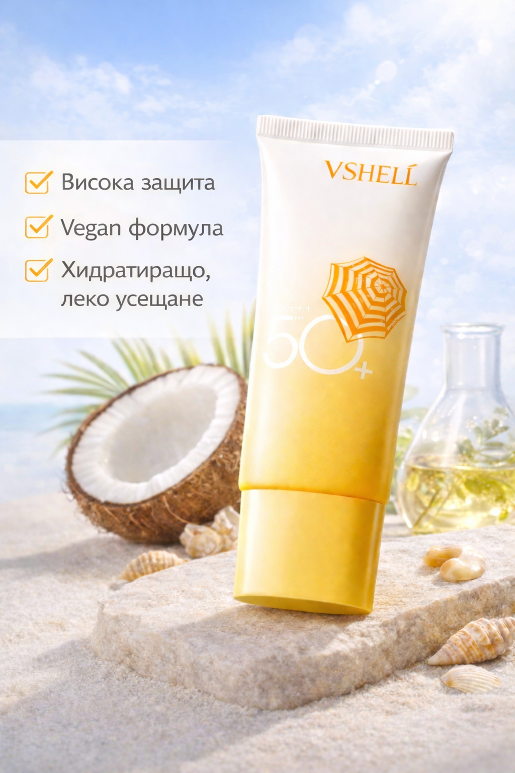 Веган слънцезащита 50+ – Защита и Мека Кожа